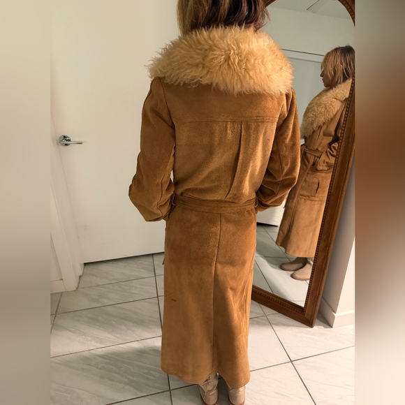 Vintage Genuine Suede Leather Tan Belted Pleated Pockets Pennylane Coat - Picture 14 of 16